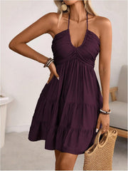 Womens Business Summer Mini Dress Halter Backless Sleeveless A Line Ruffle Hem Flowy Cami Sundress for Casual Outing