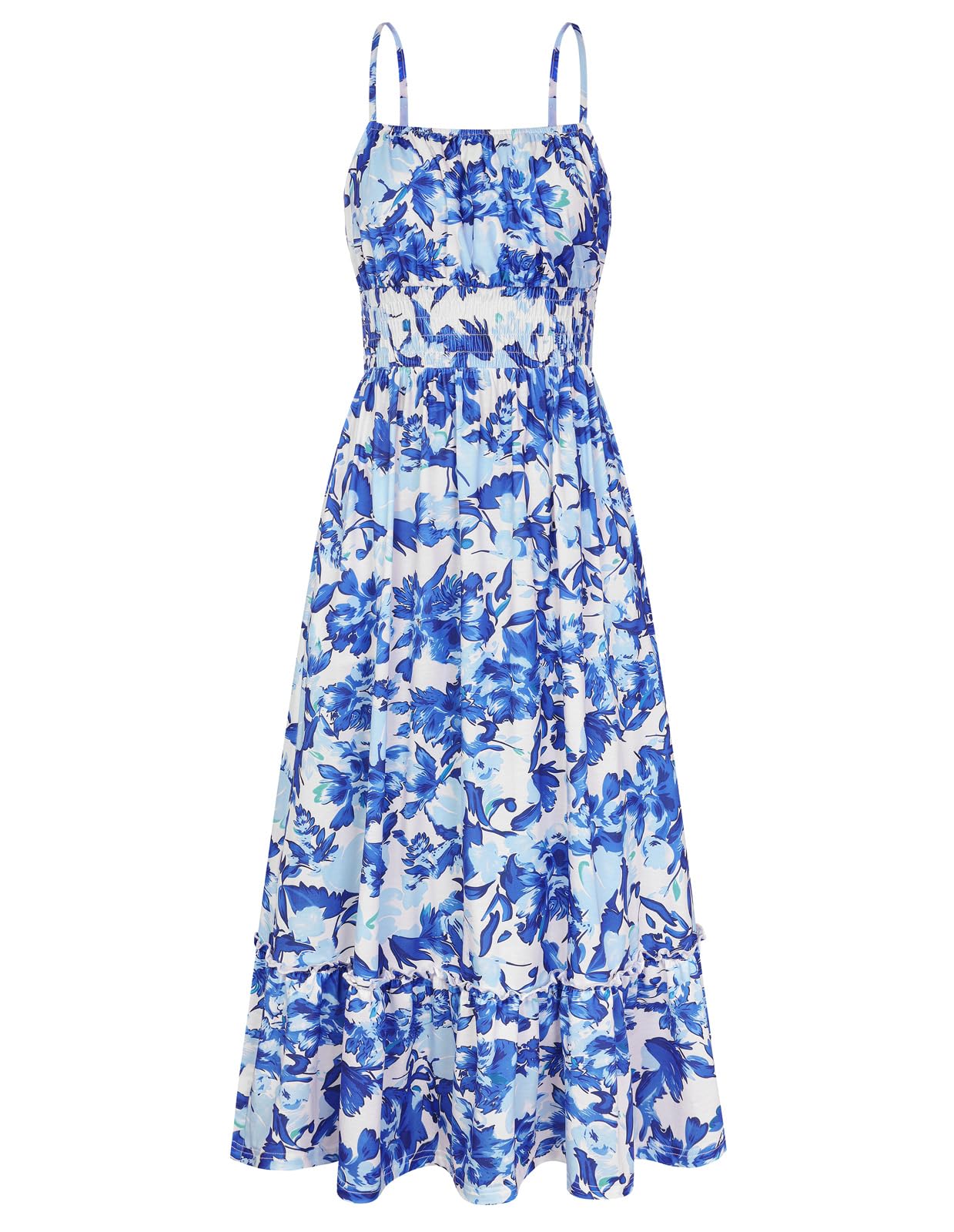 2026 Business Casual Women's Summer Smocked Floral Boho Maxi Dress Vacation Beach Sundress With Pockets Daily Wear