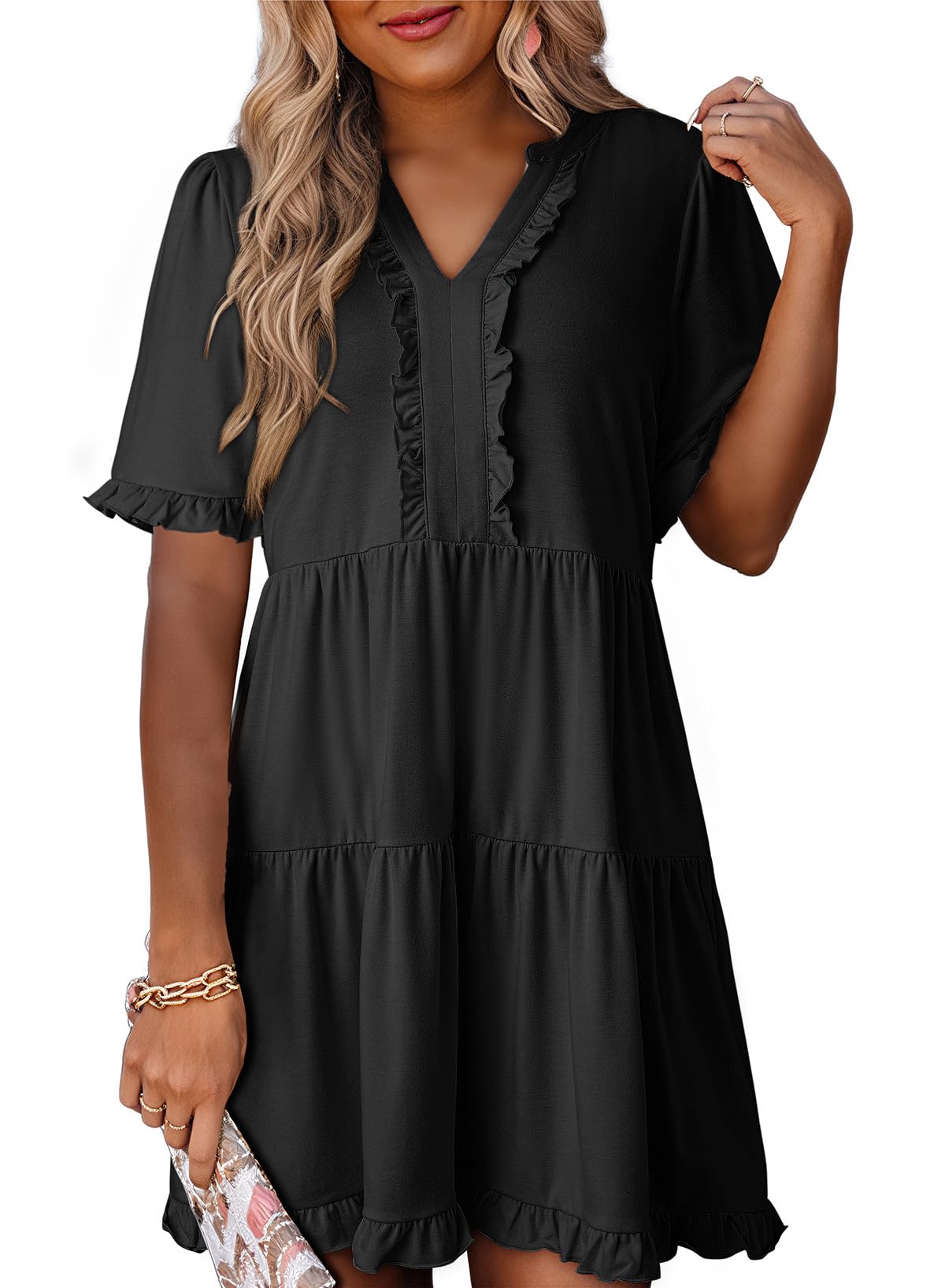 2026 Business Casual Women's Summer V Neck A Line Short Sleeve Casual Ruffle Babydoll Mini Dress Daily Office Wear