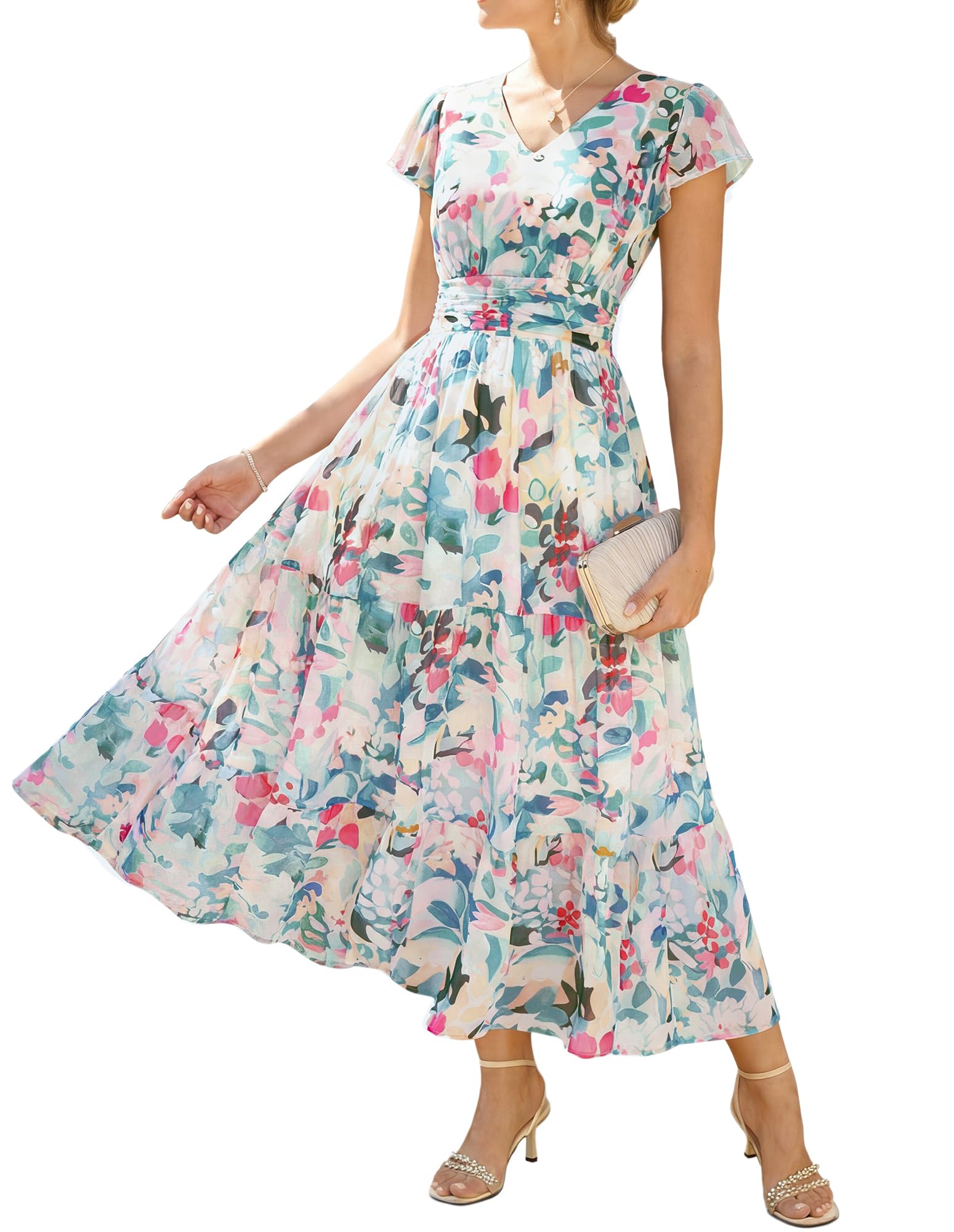 Youth 2026 Womens Summer Maxi Dress Short Sleeve Floral Semi Formal Flowy Wedding Guest Dress with Pocket