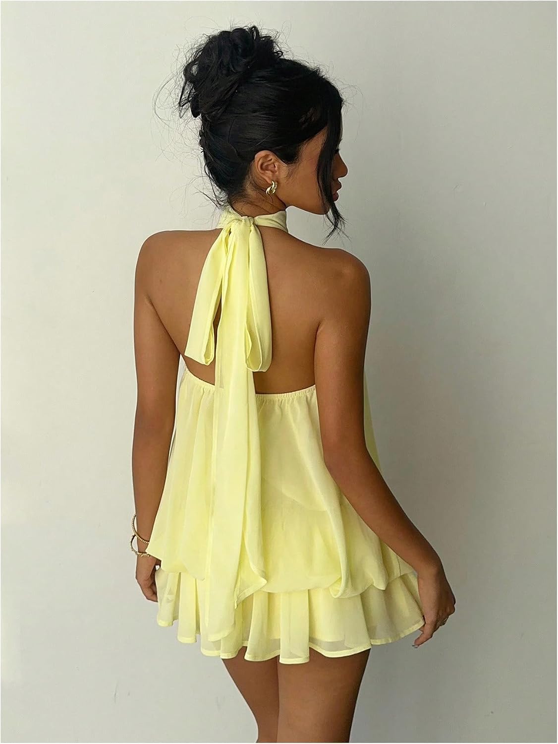 Business Casual Women's Chiffon Halter Drop Waist Ruffle Loose Fit Mini Dress Summer Wedding Guest Brunch Outfit Dress