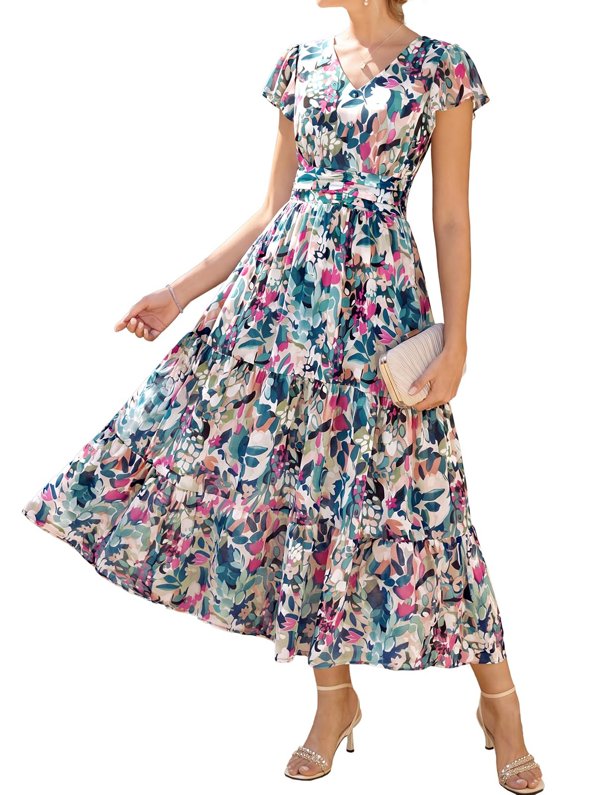 Youth 2026 Womens Summer Maxi Dress Short Sleeve Floral Semi Formal Flowy Wedding Guest Dress with Pocket