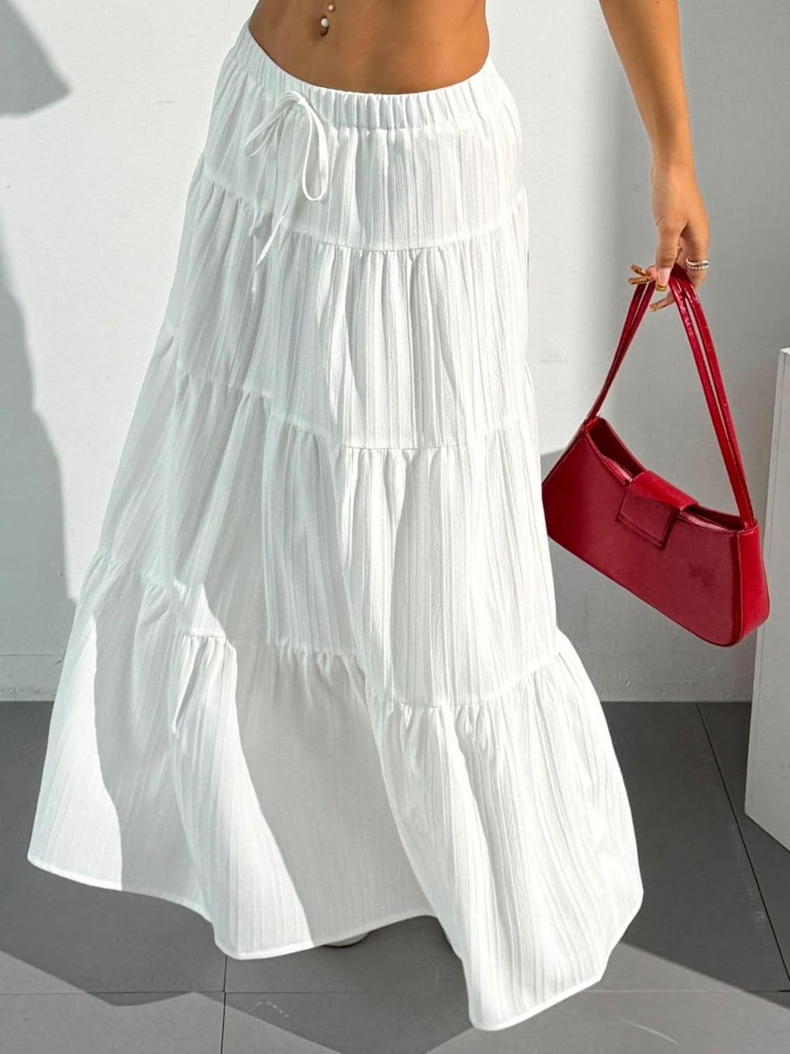 2026 Business Womens Boho Flowy White Maxi Skirt Flared Ruffle Elastic Waist Summer A Line Long Skirt for Business Events