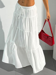 2026 Business Womens Boho Flowy White Maxi Skirt Flared Ruffle Elastic Waist Summer A Line Long Skirt for Business Events