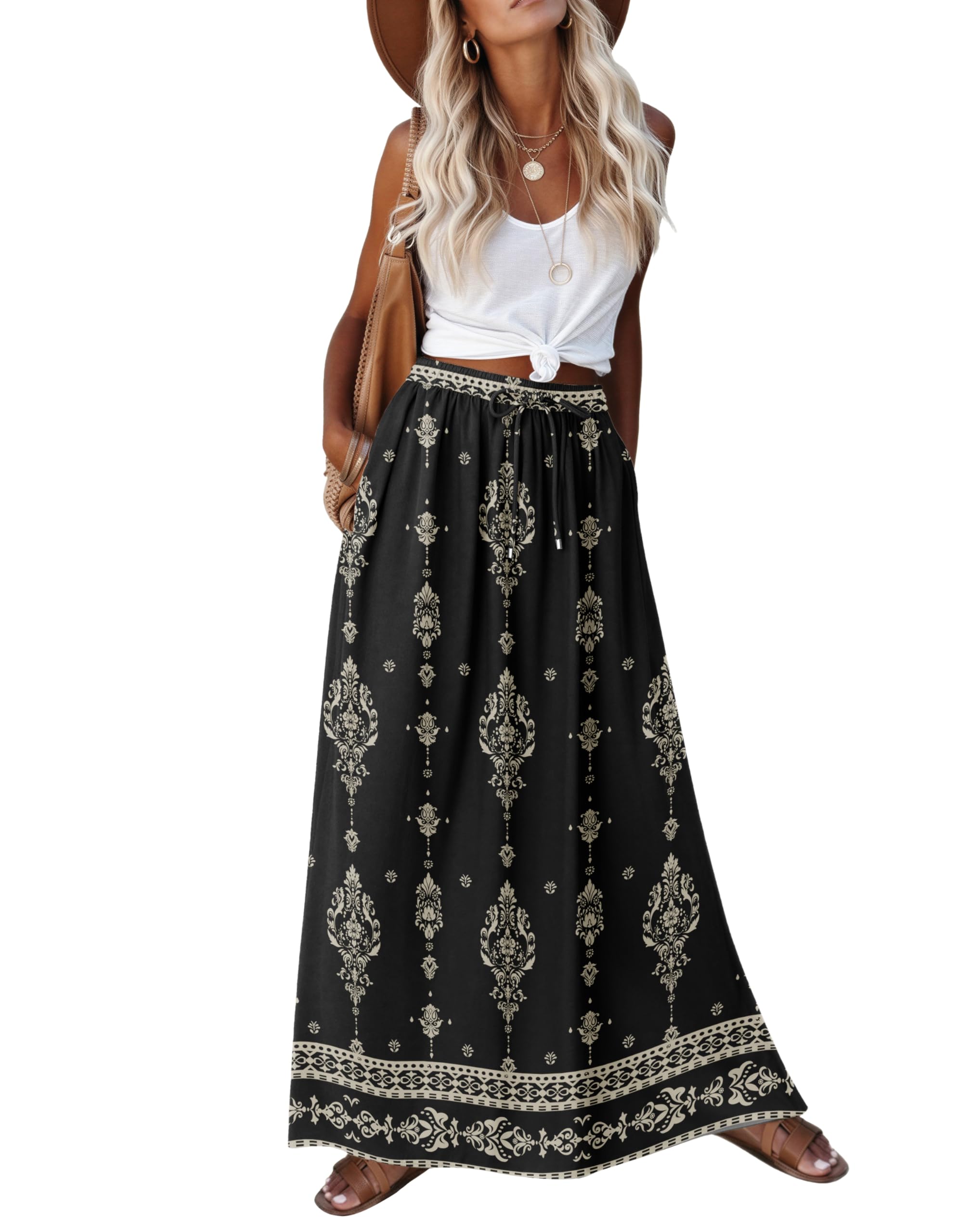2026 Minimalist Boho Floral Maxi Skirt for Women Casual Elastic High Waist Flowy A Line Long Beach Skirt with Side Pockets