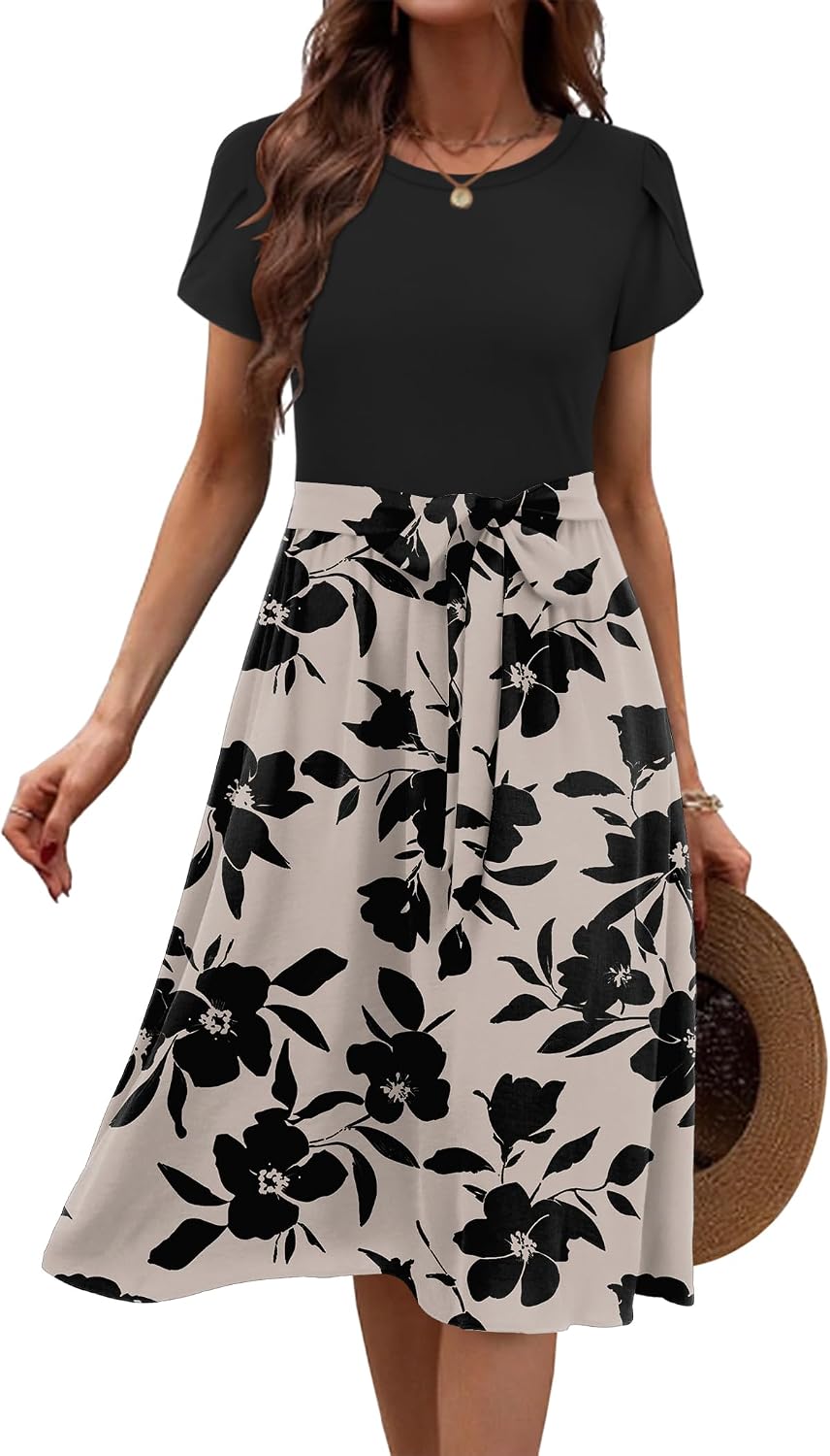 Womens Minimalist Summer Midi Dress Short Sleeve Casual 2025 Floral T-Shirt Dress Flowy Beach Sundress with Pockets