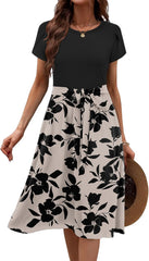 Womens Minimalist Summer Midi Dress Short Sleeve Casual 2025 Floral T-Shirt Dress Flowy Beach Sundress with Pockets