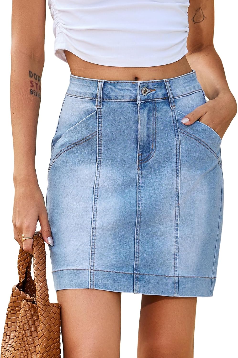 Minimalist Womens High Waisted Stretch Denim Jean Skirt Casual Trendy Front Seam Mini Skirt with Pockets Daily Wear