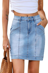 Minimalist Womens High Waisted Stretch Denim Jean Skirt Casual Trendy Front Seam Mini Skirt with Pockets Daily Wear