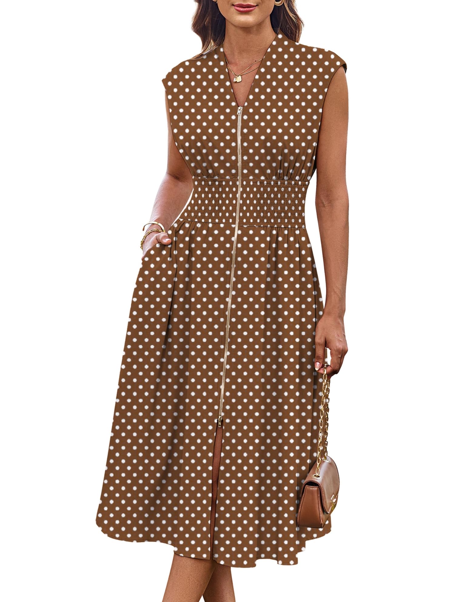 Womens Business Summer Casual Dress Office Work Dresses Cap Sleeve Zipper Front Flowy Midi Dress with Pockets