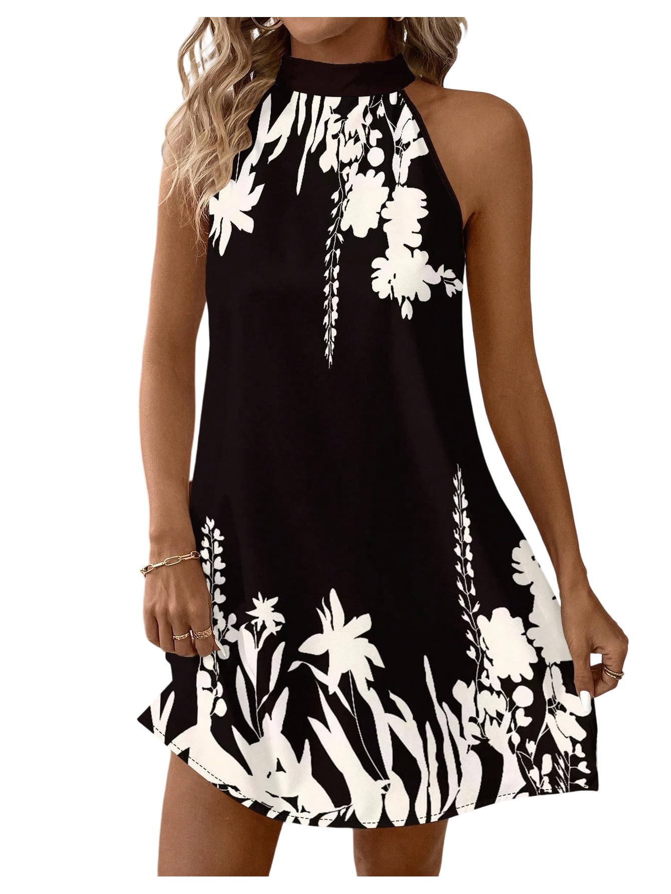 Business Casual Women's Sleeveless Halter Neck Floral Print A Line Short Sundress Summer Daily Office Wear Dress
