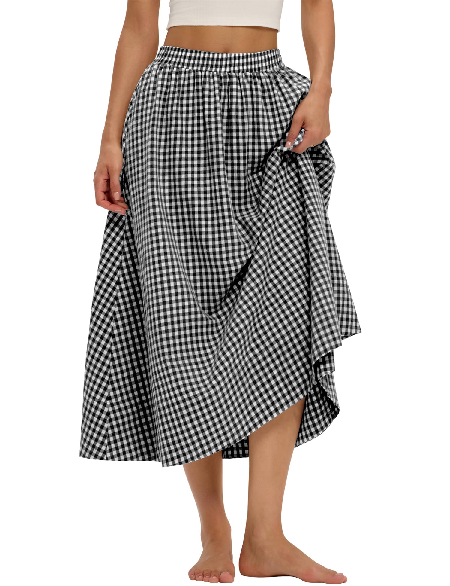 Business Womens A Line Cotton Flowy Midi Maxi Skirt Boho Summer Beach Casual Elastic Waist Skirt Outfit With Pockets