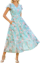 Youth 2026 Womens Summer Maxi Dress Short Sleeve Floral Semi Formal Flowy Wedding Guest Dress with Pocket