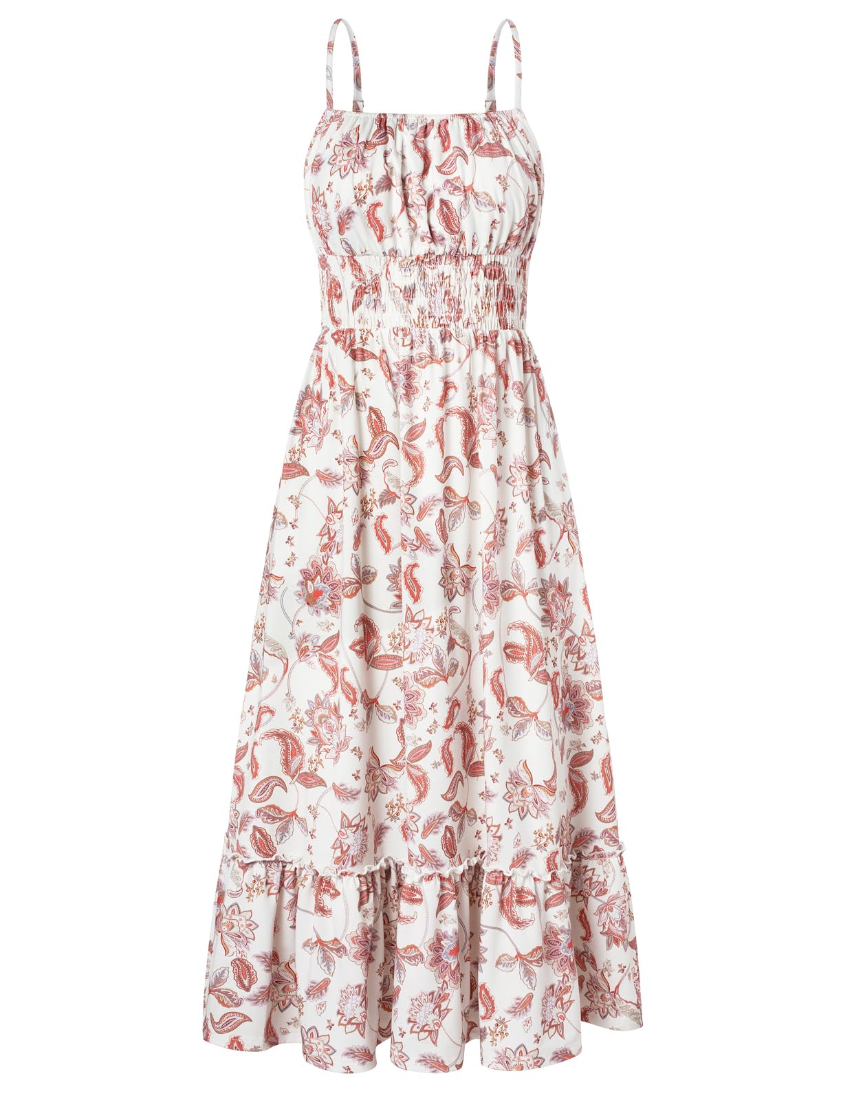 2026 Business Casual Women's Summer Smocked Floral Boho Maxi Dress Vacation Beach Sundress With Pockets Daily Wear