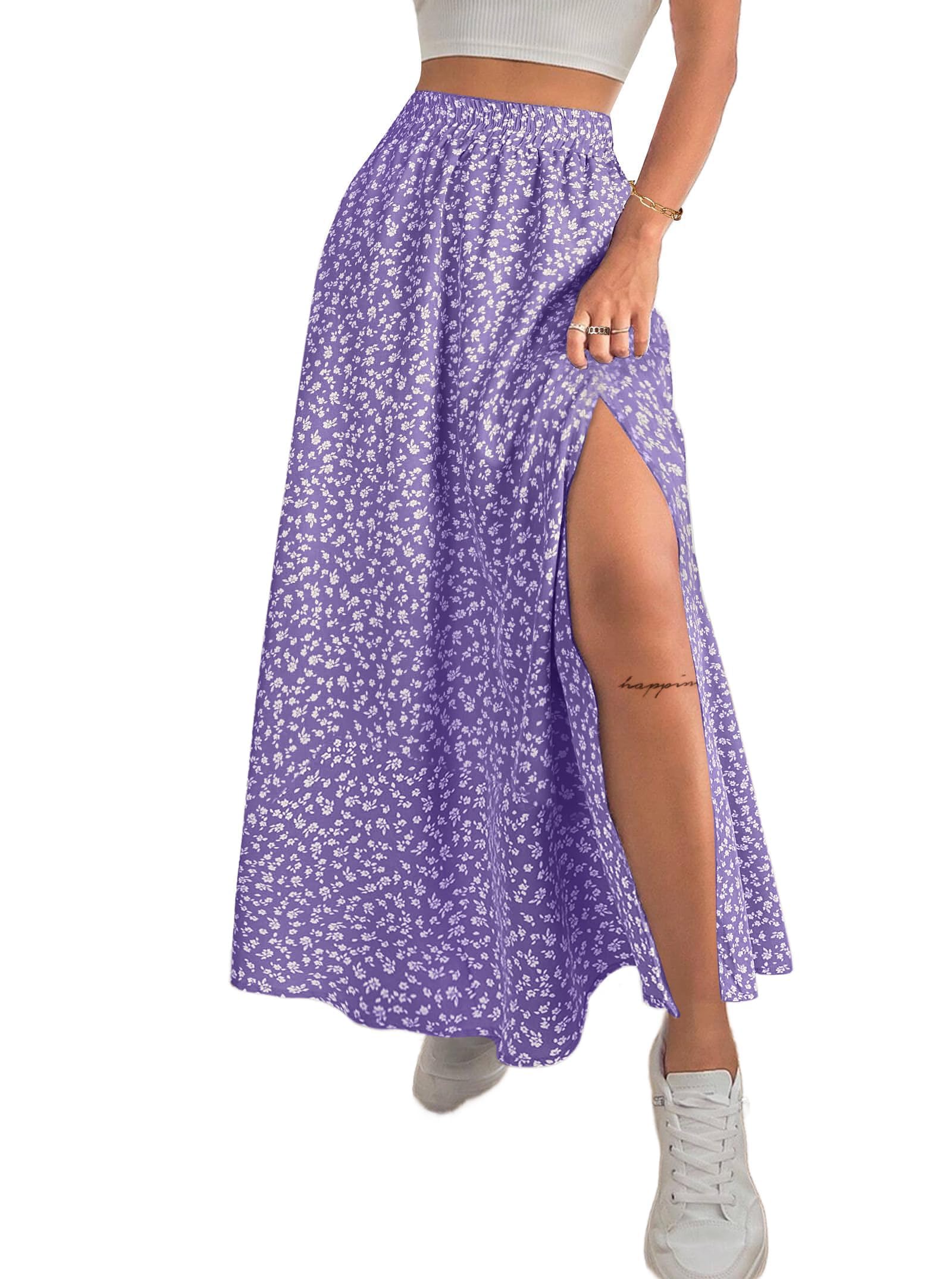 Business Womens Boho Floral Split Thigh High Waisted Slit Maxi Skirt Long Skirt for Business Casual Office Daily Wear