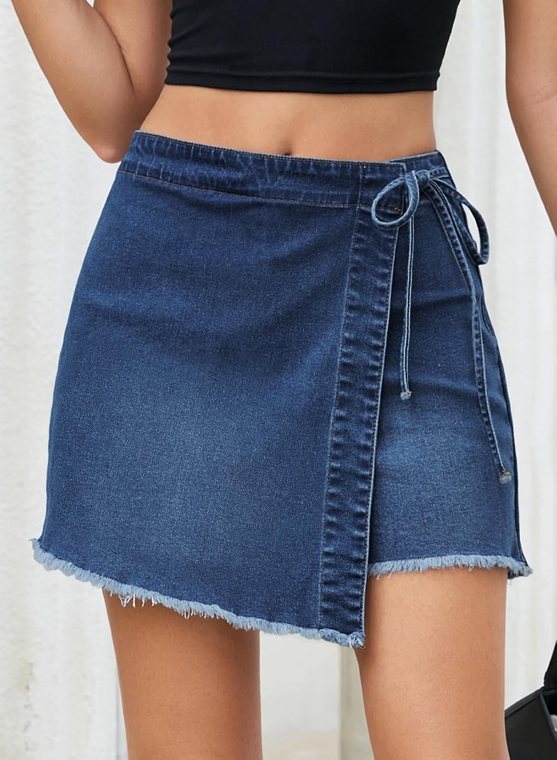 Business Womens Asymmetrical Side Tie Wrap Denim Mini Skort High Waisted Raw Hem Stretchy Denim Skort for Business Casual