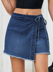 Business Womens Asymmetrical Side Tie Wrap Denim Mini Skort High Waisted Raw Hem Stretchy Denim Skort for Business Casual