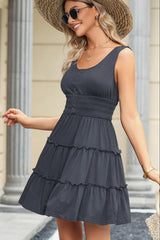Youth 2026 Women's Summer Sleeveless Button Down Smocked Empire Waist Ruffle Tiered Casual Swing Mini Dress