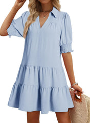 Youth Womens Casual Summer Dresses Lapel Collared V Neck Mid Sleeved Pleated 2026 Midi Dress Daily Outfit