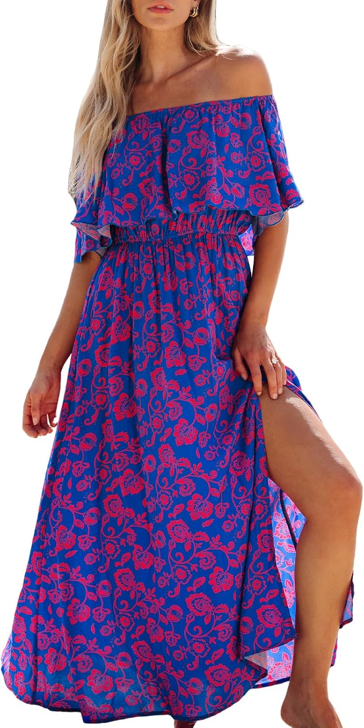 Youth Womens Ruffle Floral Maxi Summer Dress Off Shoulder Short Sleeve Backless Flounce Bodice Slit Hem Beach Dresses