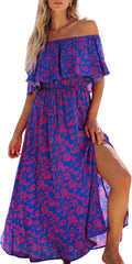 Youth Womens Ruffle Floral Maxi Summer Dress Off Shoulder Short Sleeve Backless Flounce Bodice Slit Hem Beach Dresses