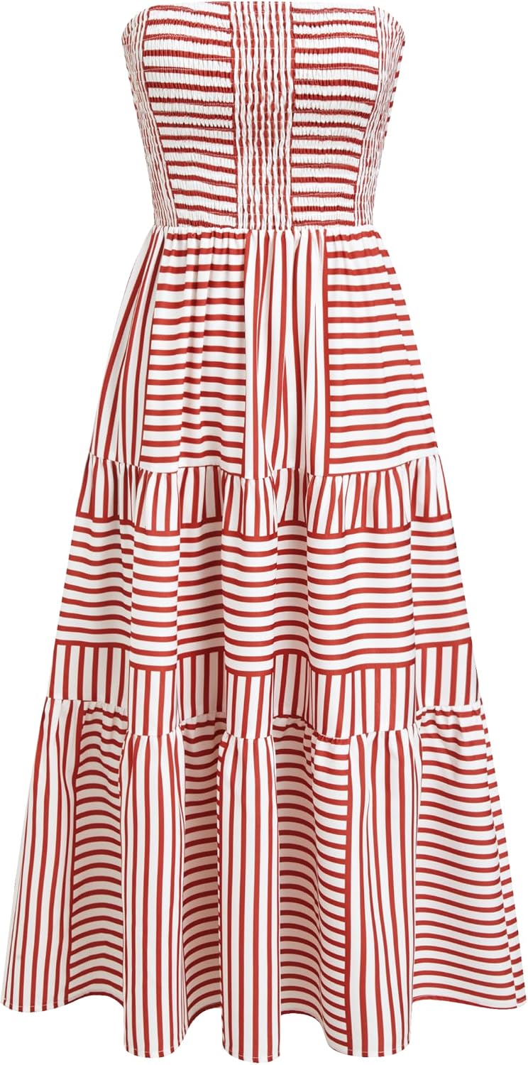 Youth Womens Strapless Dress with Pockets Tube Striped Long A Line Midi Dresses Beach Vacation Casual Summer Outfits