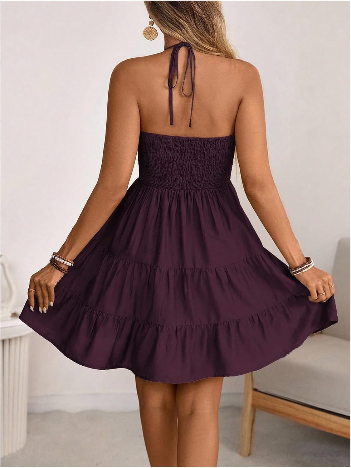 Womens Business Summer Mini Dress Halter Backless Sleeveless A Line Ruffle Hem Flowy Cami Sundress for Casual Outing