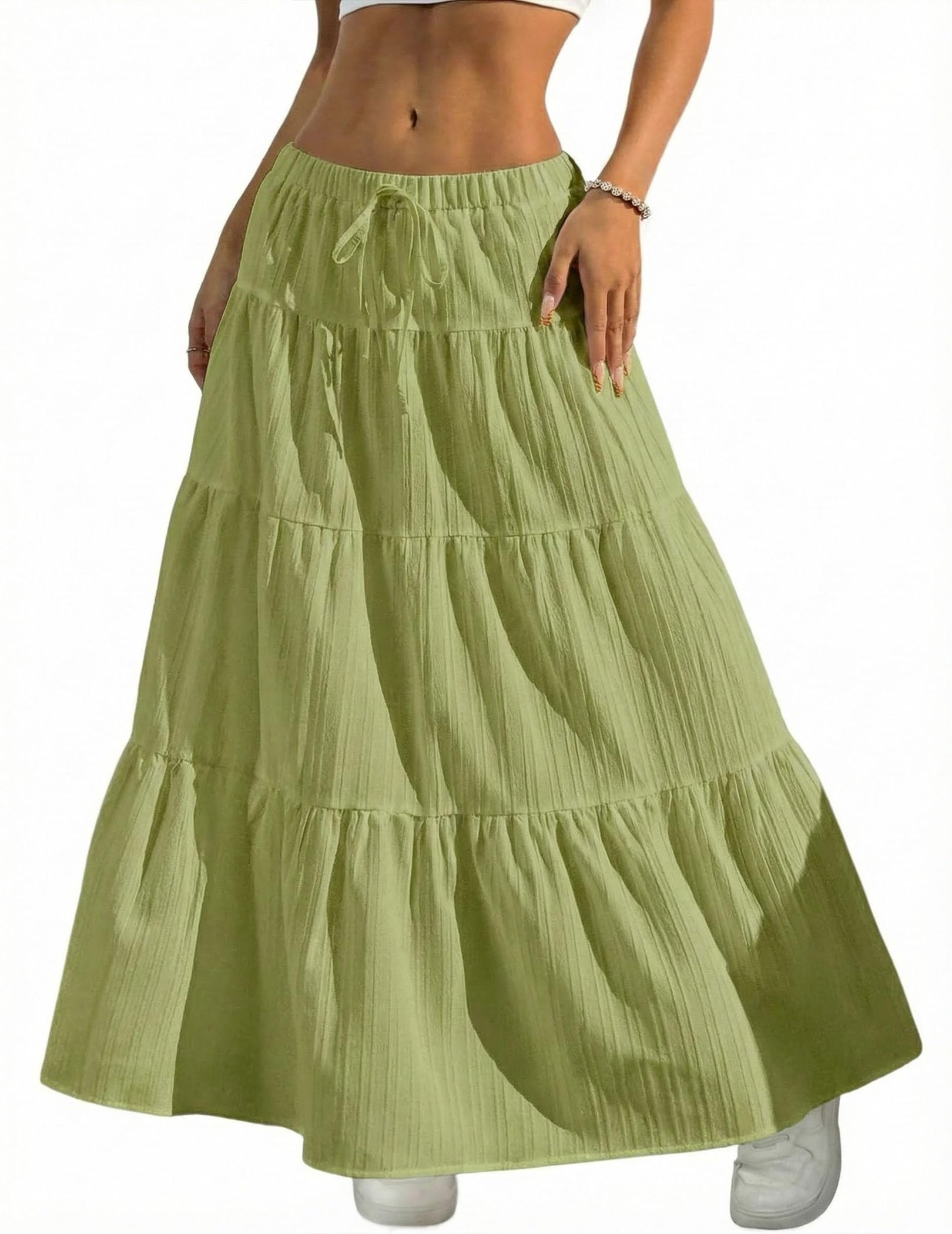 2026 Business Womens Boho Flowy White Maxi Skirt Flared Ruffle Elastic Waist Summer A Line Long Skirt for Business Events