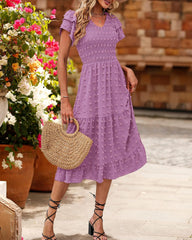 Womens Business Casual Summer Short Ruffles Tiered Sleeve Smocked Midi Dresses Bohemian Floral V Neck Wedding Guest Long Dresses