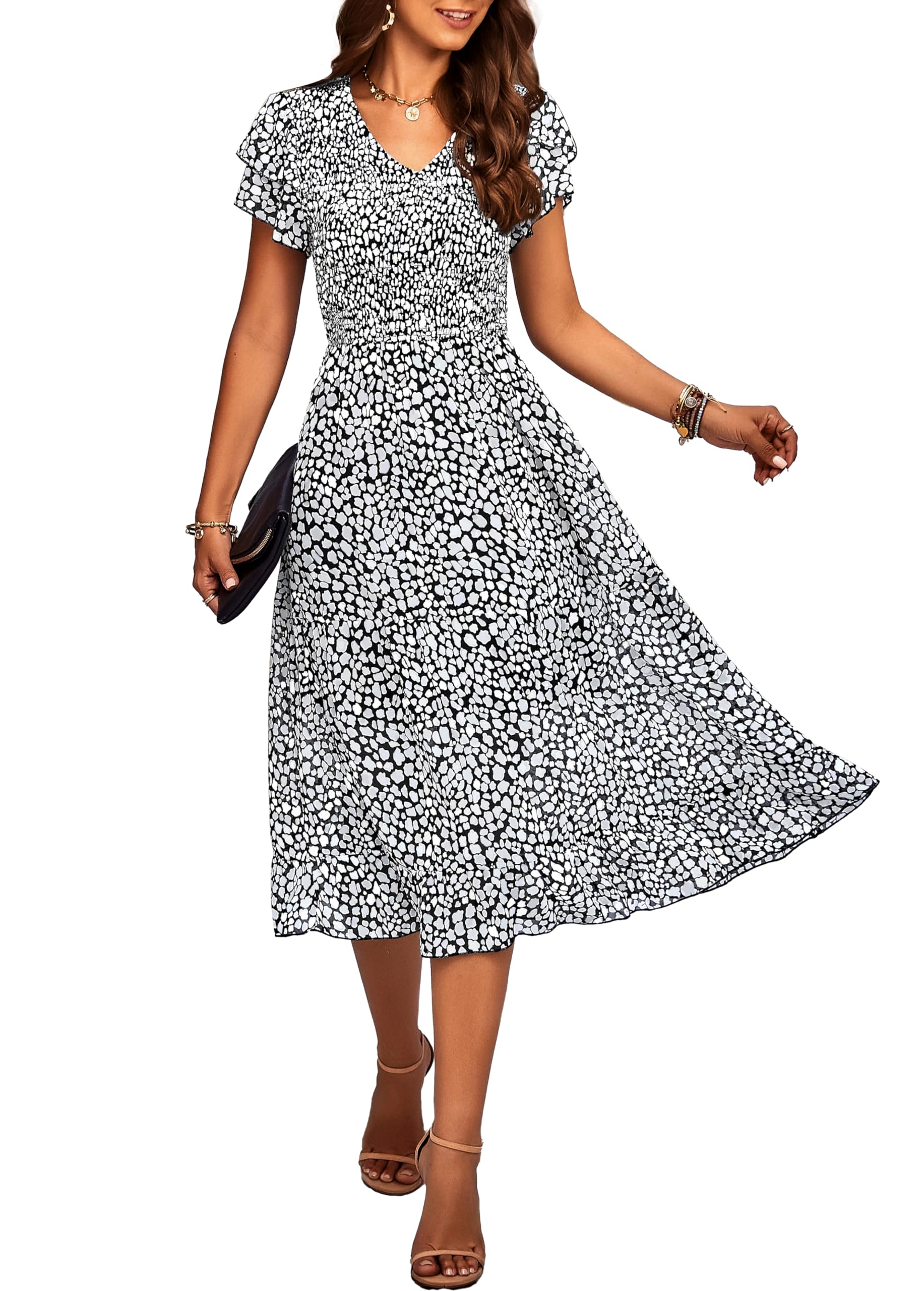 Womens Business Casual Summer Short Ruffles Tiered Sleeve Smocked Midi Dresses Bohemian Floral V Neck Wedding Guest Long Dresses
