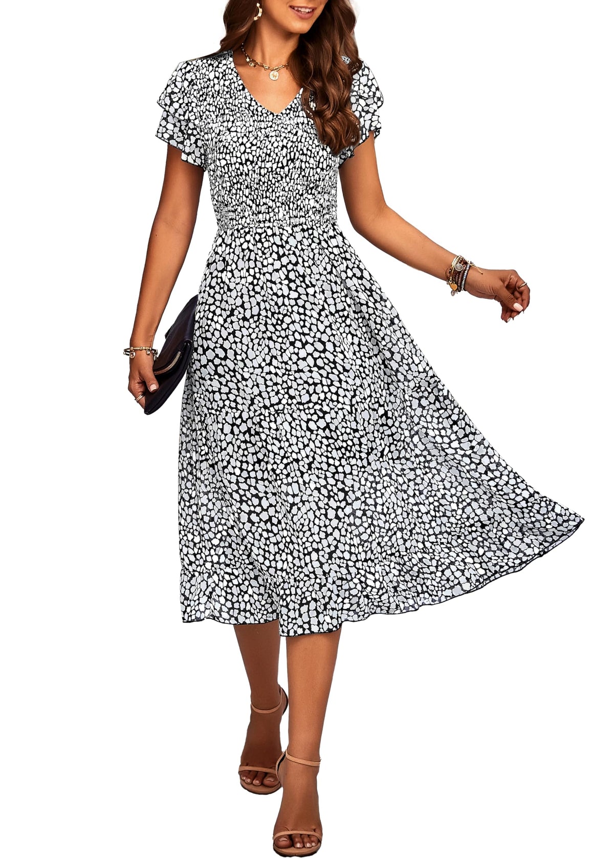 Womens Business Casual Summer Short Ruffles Tiered Sleeve Smocked Midi Dresses Bohemian Floral V Neck Wedding Guest Long Dresses