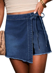 Business Womens Asymmetrical Side Tie Wrap Denim Mini Skort High Waisted Raw Hem Stretchy Denim Skort for Business Casual