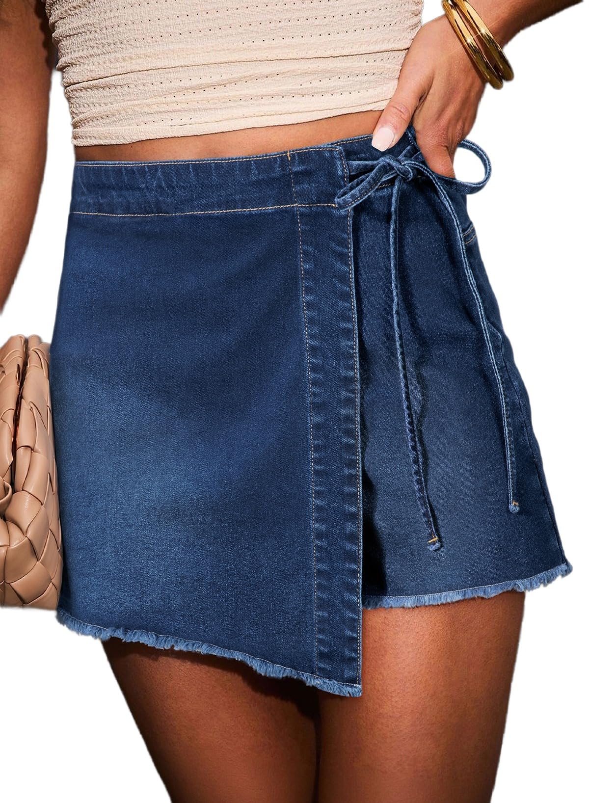 Business Womens Asymmetrical Side Tie Wrap Denim Mini Skort High Waisted Raw Hem Stretchy Denim Skort for Business Casual