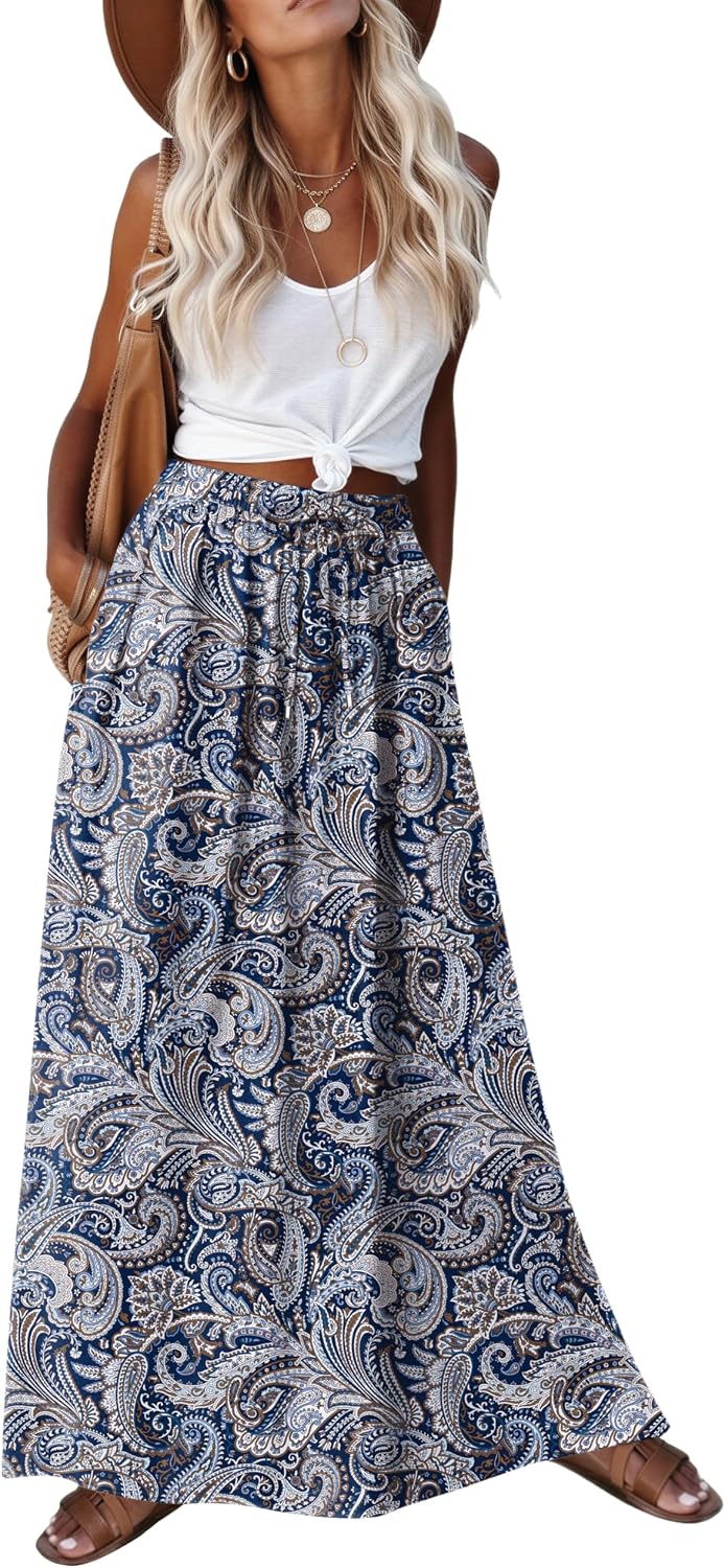 2026 Youth Boho Floral Maxi Skirt for Women Casual Elastic High Waist Flowy A Line Long Beach Skirt with Side Pockets
