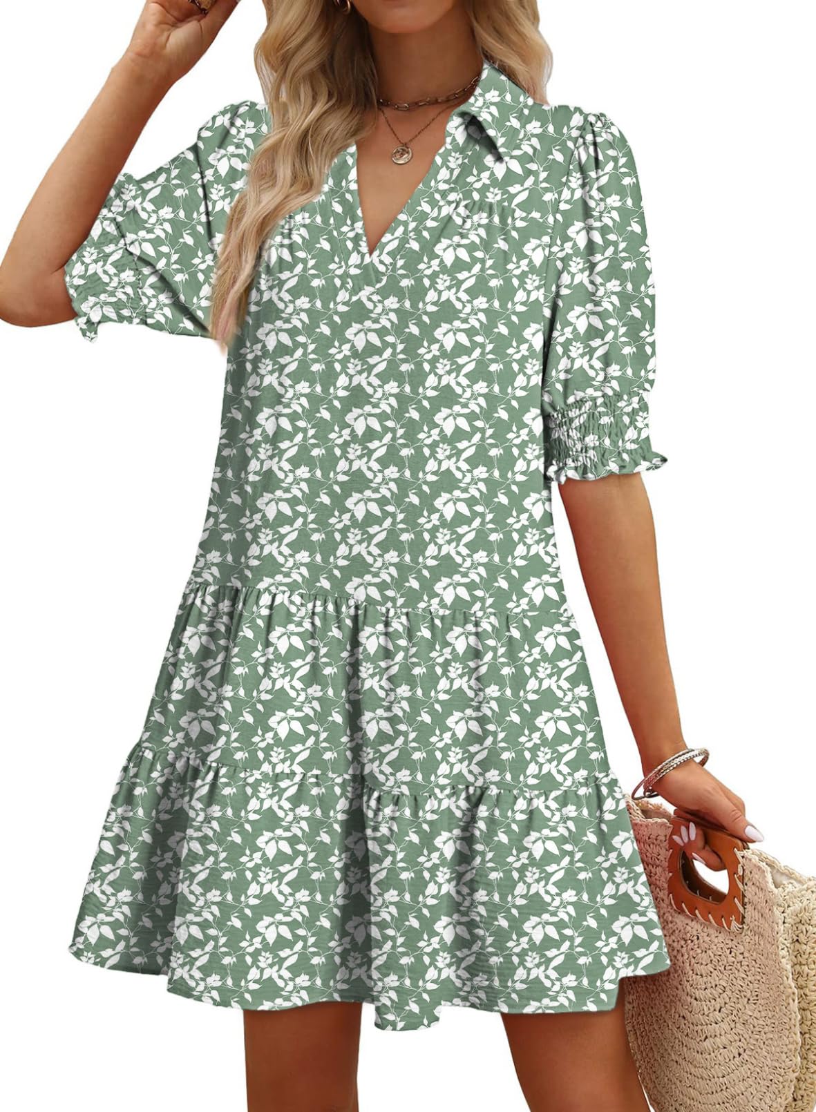 Youth Womens Casual Summer Dresses Lapel Collared V Neck Mid Sleeved Pleated 2026 Midi Dress Daily Outfit