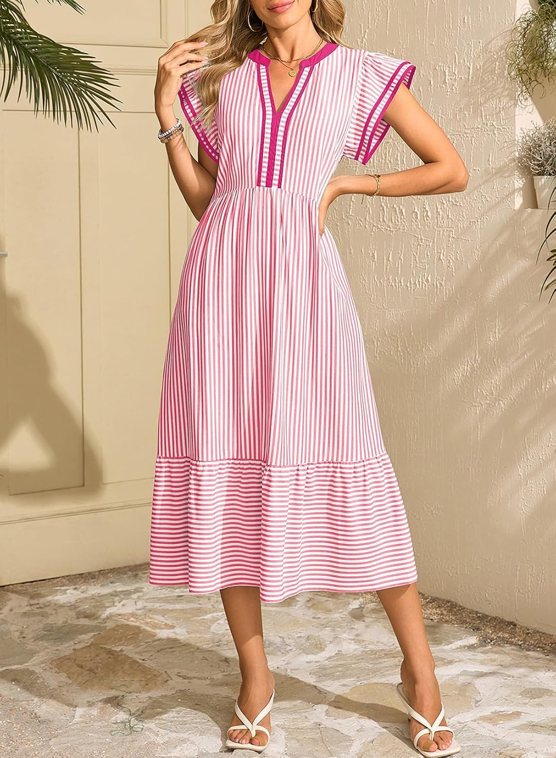 2026 Business Womens Summer V Neck Ruffle Cap Sleeve Empire Waist Flowy Striped Beach Midi Maxi Dress With Pockets