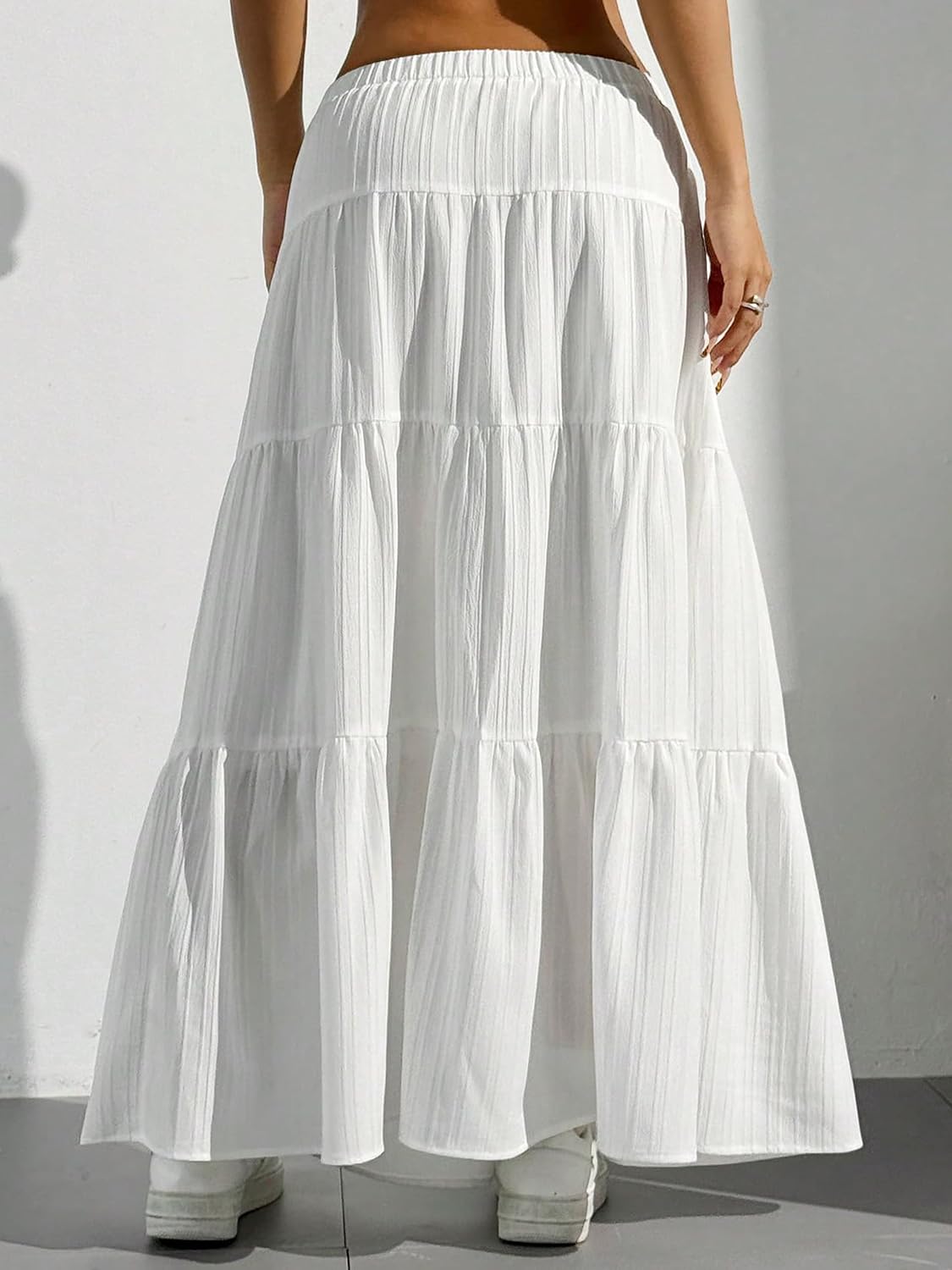 2026 Business Womens Boho Flowy White Maxi Skirt Flared Ruffle Elastic Waist Summer A Line Long Skirt for Business Events