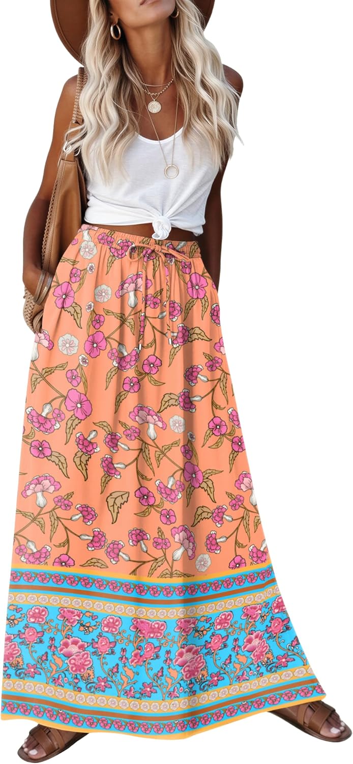 2026 Youth Boho Floral Maxi Skirt for Women Casual Elastic High Waist Flowy A Line Long Beach Skirt with Side Pockets