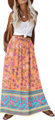 2026 Youth Boho Floral Maxi Skirt for Women Casual Elastic High Waist Flowy A Line Long Beach Skirt with Side Pockets