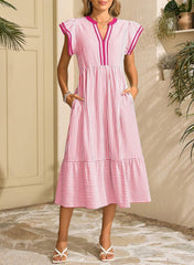 2026 Business Womens Summer V Neck Ruffle Cap Sleeve Empire Waist Flowy Striped Beach Midi Maxi Dress With Pockets