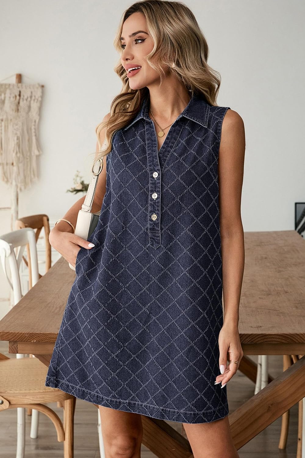 Womens Business Summer Casual Sleeveless V Neck Button Mini Denim Dress with Pockets Daily Outing