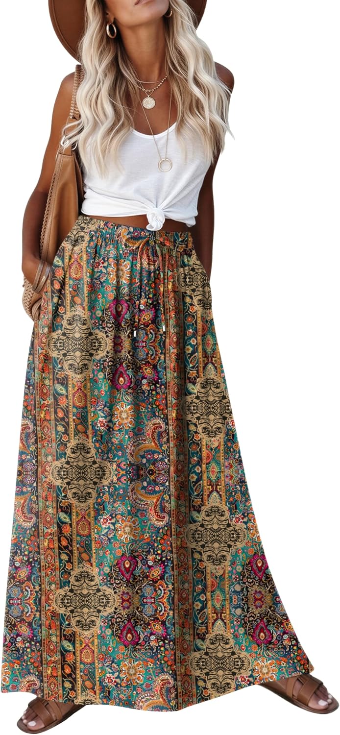 2026 Minimalist Boho Floral Maxi Skirt for Women Casual Elastic High Waist Flowy A Line Long Beach Skirt with Side Pockets