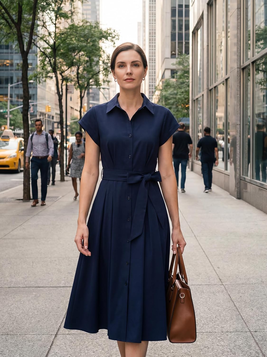 Youth 2026 Women's Short Sleeve Button Down Shirt Midi Dress Summer Work Business Casual Dress With Pockets