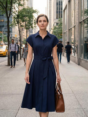 Youth 2026 Women's Short Sleeve Button Down Shirt Midi Dress Summer Work Business Casual Dress With Pockets