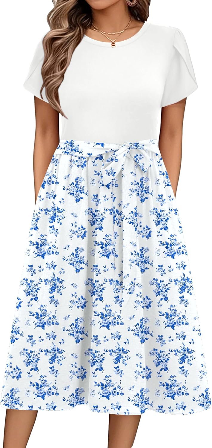 Womens Minimalist Summer Midi Dress Short Sleeve Casual 2025 Floral T-Shirt Dress Flowy Beach Sundress with Pockets