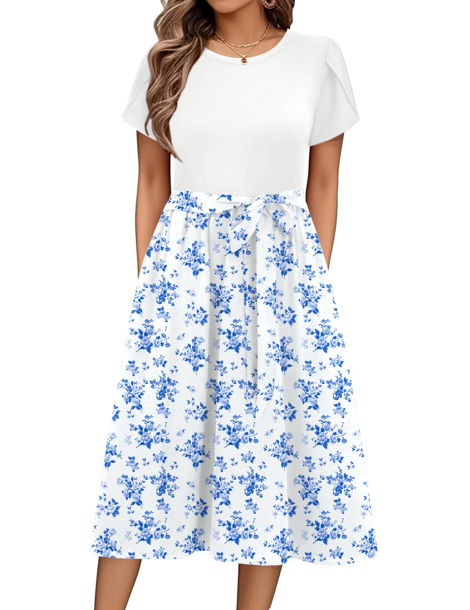 Womens Minimalist Summer Midi Dress Short Sleeve Casual 2025 Floral T-Shirt Dress Flowy Beach Sundress with Pockets