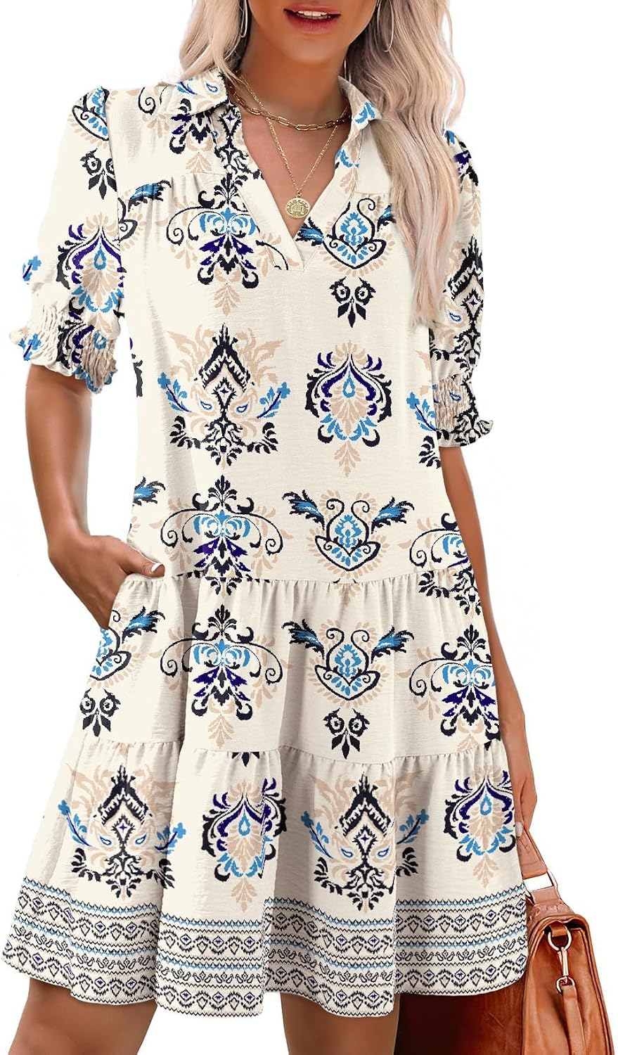 Youth Womens Casual Summer Dresses Lapel Collared V Neck Mid Sleeved Pleated 2026 Midi Dress Daily Outfit
