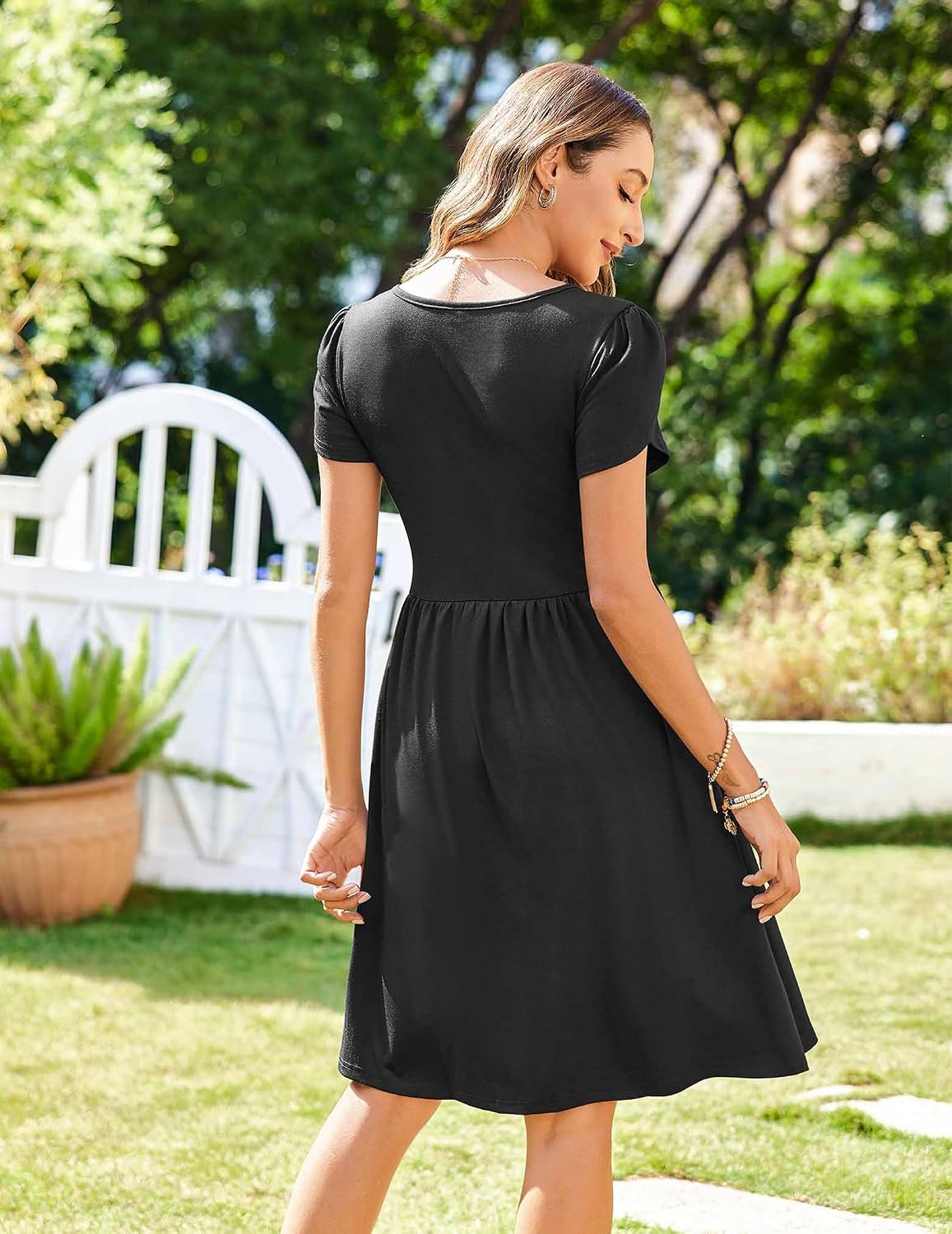 Minimalist 2026 Women's Summer Mini Petal Short Sleeve Pleated Button Down V Neck Floral Beach Swing Vacation Dress