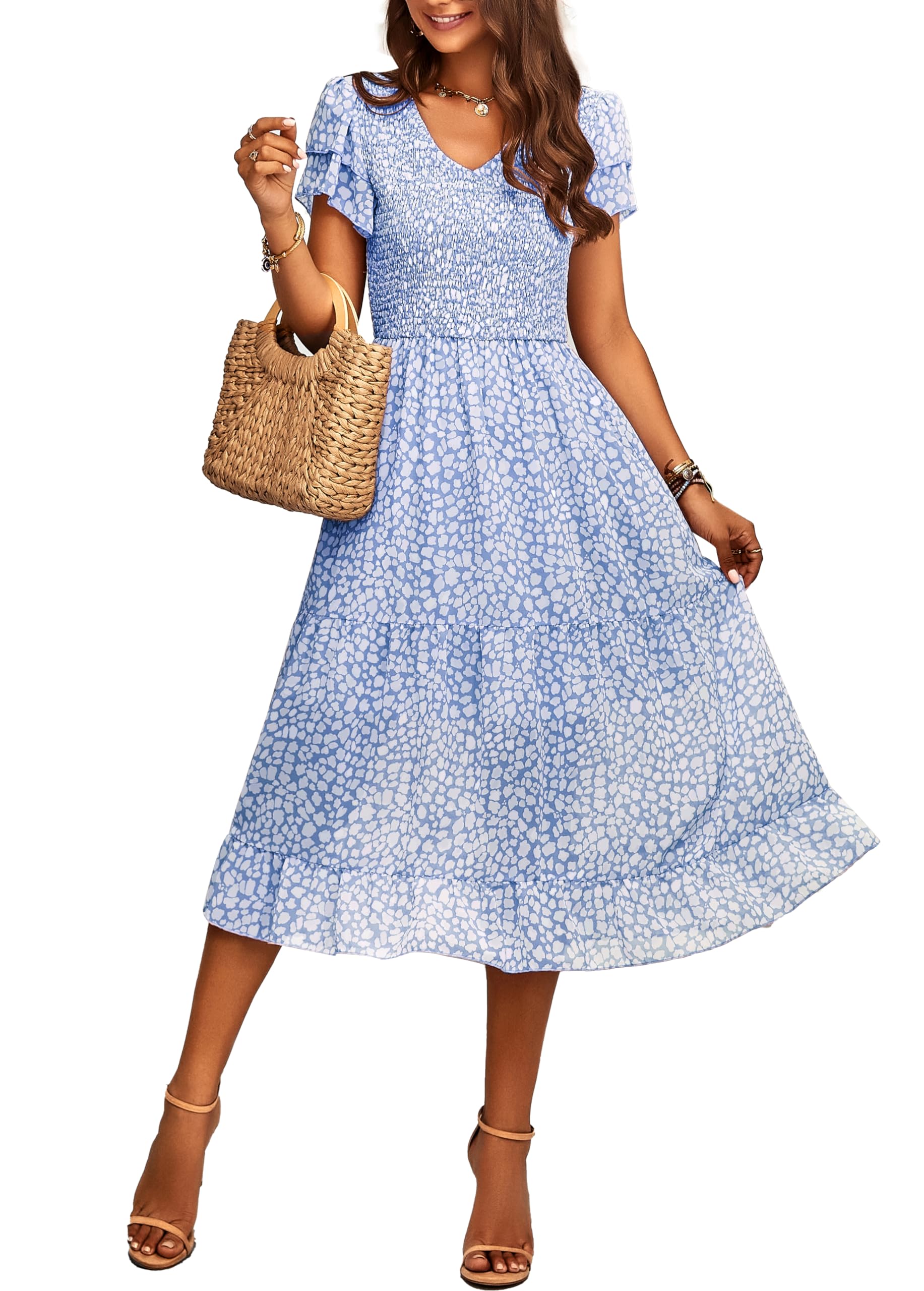 Womens Business Casual Summer Short Ruffles Tiered Sleeve Smocked Midi Dresses Bohemian Floral V Neck Wedding Guest Long Dresses