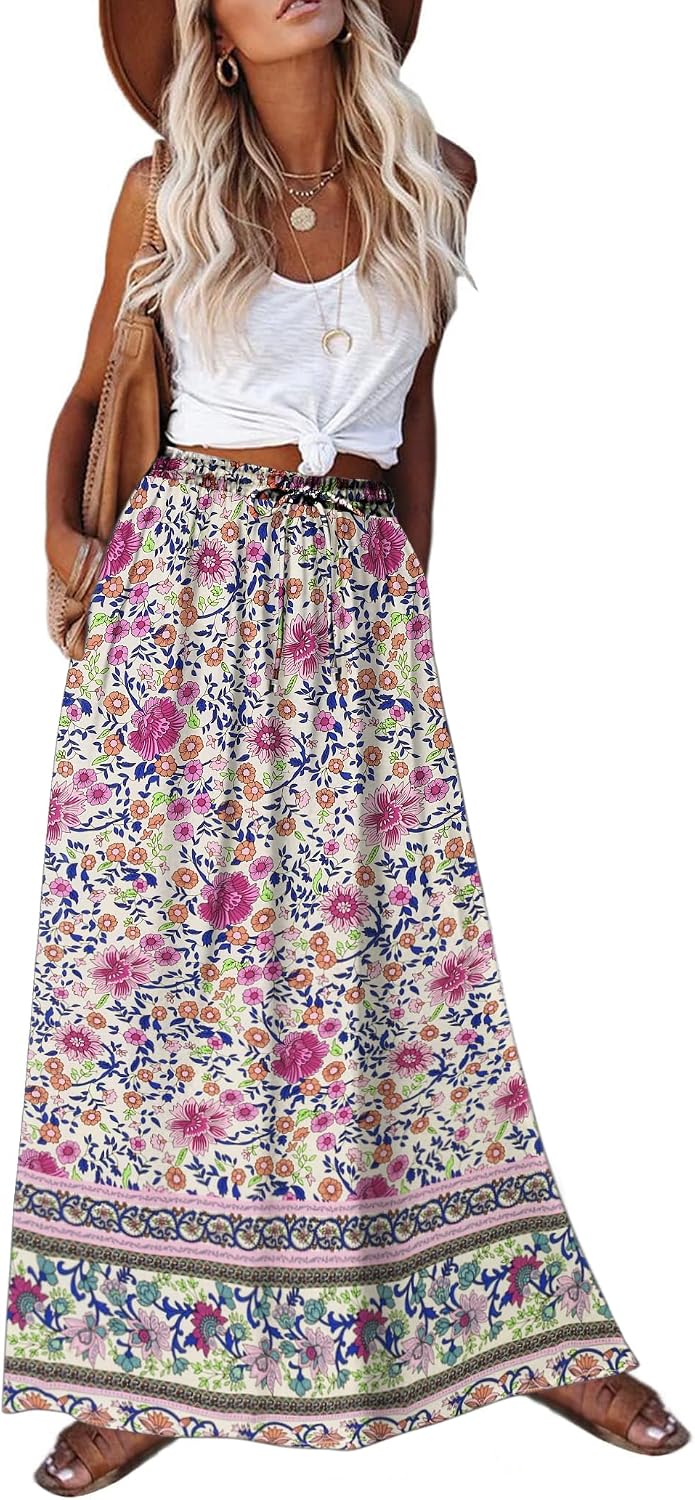 2026 Youth Boho Floral Maxi Skirt for Women Casual Elastic High Waist Flowy A Line Long Beach Skirt with Side Pockets
